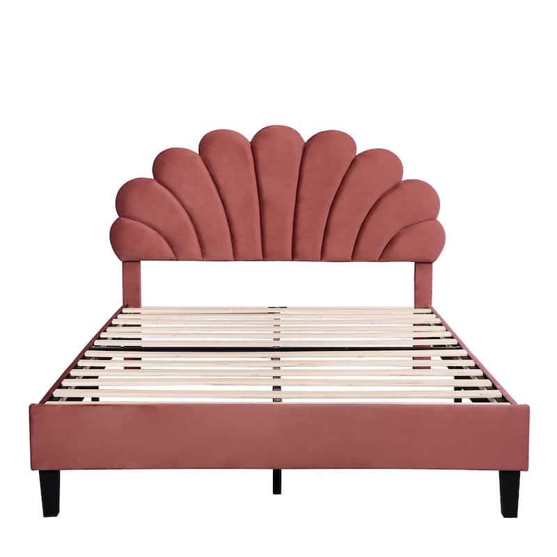 Upholstered Platform Bed, Velvet Fabric Bedframe with Flower Pattern Headboard & 12 Wood Slat Support, No Box Spring Needed