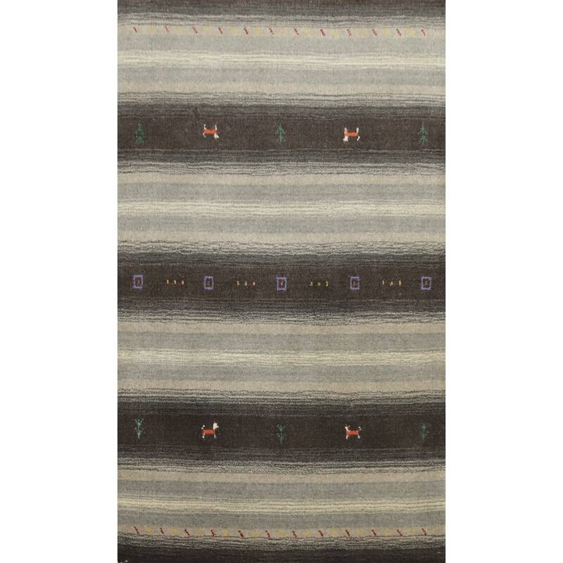 Hand Knotted Oriental 100% Wool Carpet Tribal Animal Pictorial Greys & Charcoal Gabbeh Area Rug - 4' 8'' X 3' 0''