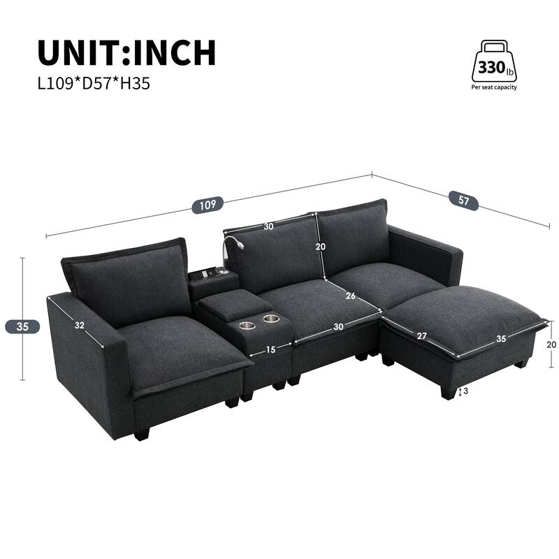 Cloud Sectional Sofa wConsole, USB, Reading Light, Cup Holder, Ottoman