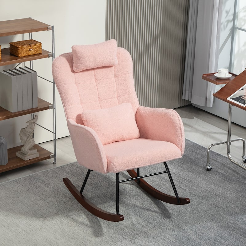 Modern Teddy Fleece Cushion Rocking Chair with High-Density Foam Headrest and Lumbar Support - 26.8" W x 36.6" D x 43.3" H - Pink