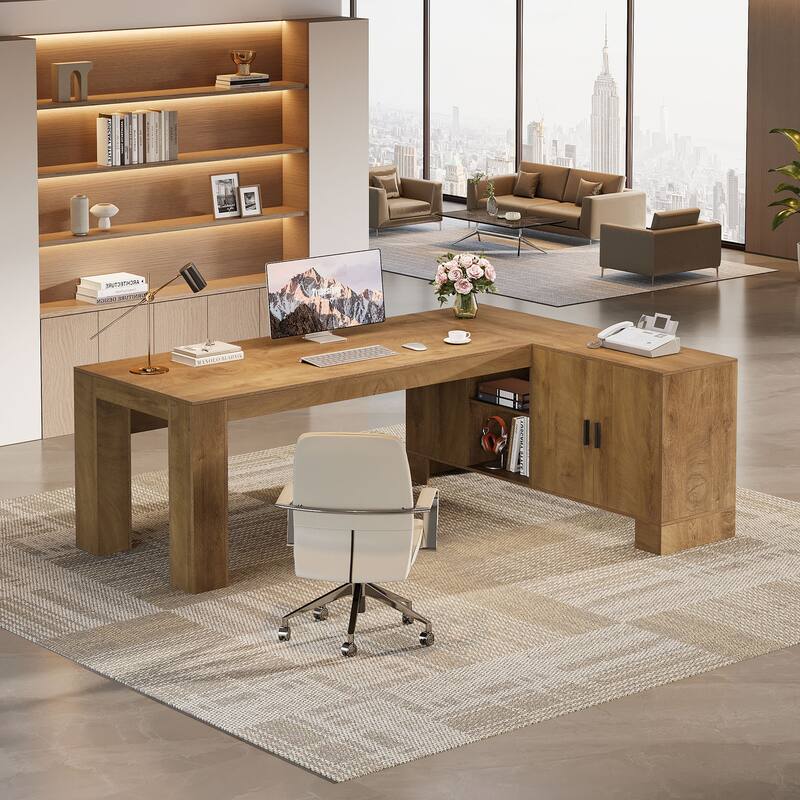 L Shaped Executive Desk with Storage Shelf