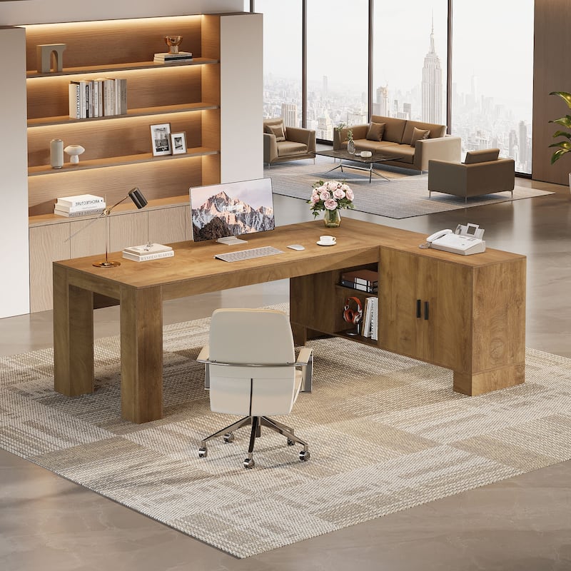 L Shaped Executive Desk with Storage Shelf