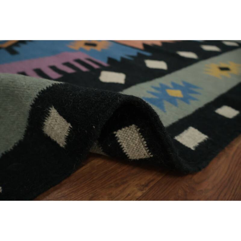 Hand Woven Oriental 100% Wool Carpet Southwestern Tribal Navy Blue & Blues Kilim Area Rug - 9' 11'' X 5' 3''