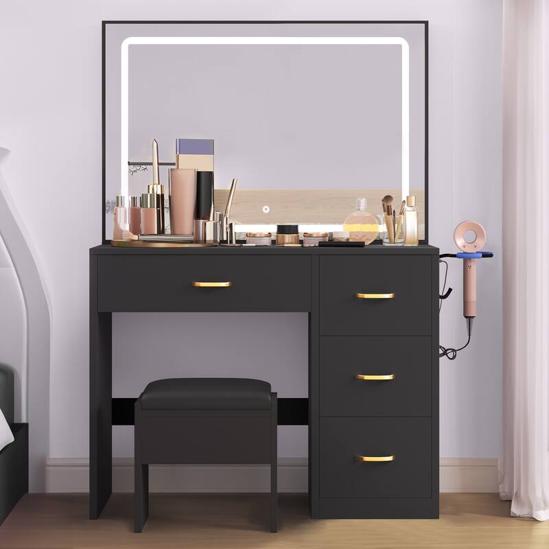 Moasis Makeup Vanity Table Cushioned Stool Vanity Desk Set - 35.43''L x 15.74''W x 53.54''H - Black