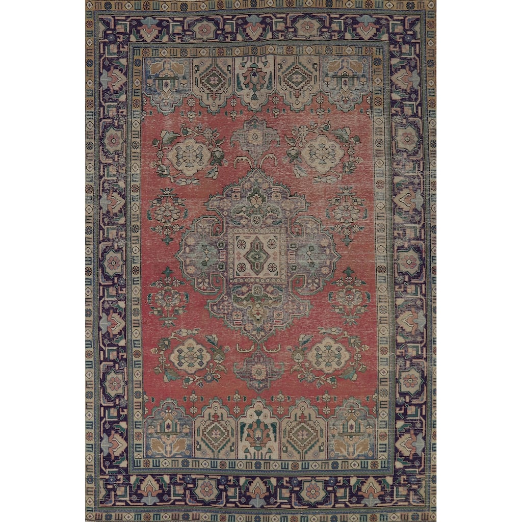 Vintage Geometric Tabriz Persian Area Rug Hand-Knotted Wool Carpet - 6'6" x 9'7"