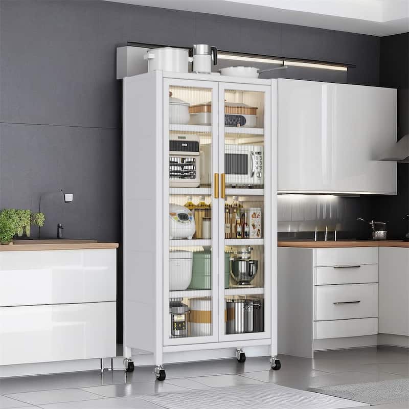 Open-Door Kitchen Shelving Floor-To-Ceiling Microwave Storage Cabinet - White