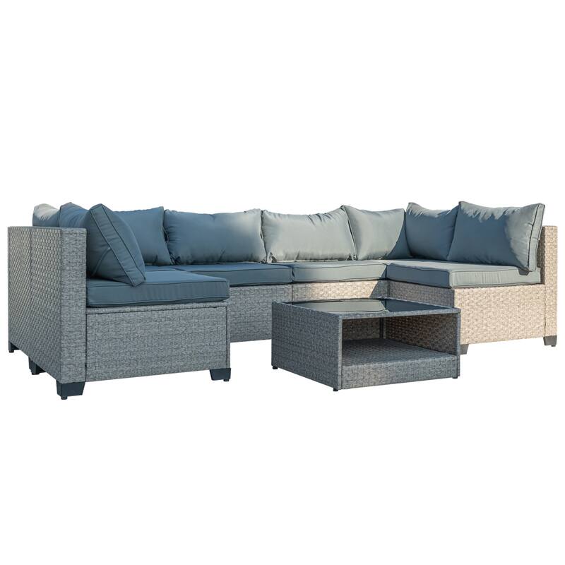 7-Piece Outdoor Wicker Sectional Conversation Set ，Waterproof Thick Cushions ，Coffee Table Included