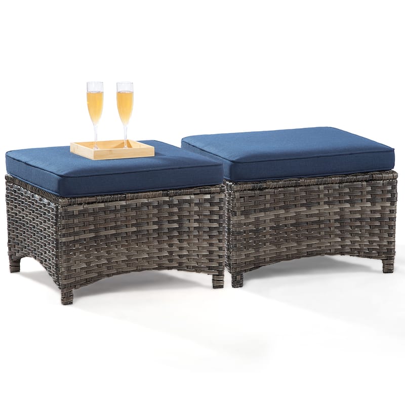 Cozywor 2-Piece Wicker Outdoor Patio Ottoman Set with Cushions