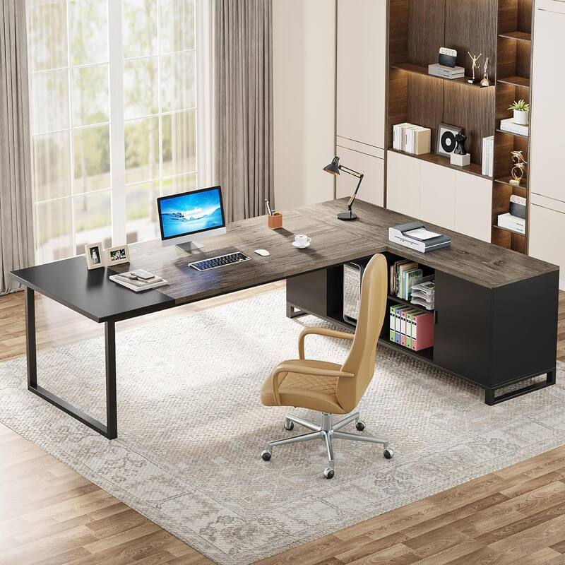 70.8" L-Shaped Executive Desk with 55" File Cabinet, Large Computer Desk with Storage Shelves/Cabinet for Home Office