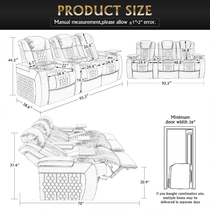 Roomfitters 93.3" Power Recliner 3-Piece Set, Top-Grain Nappa Leather, 17-Color RGB LED & USB-C Charging, Black
