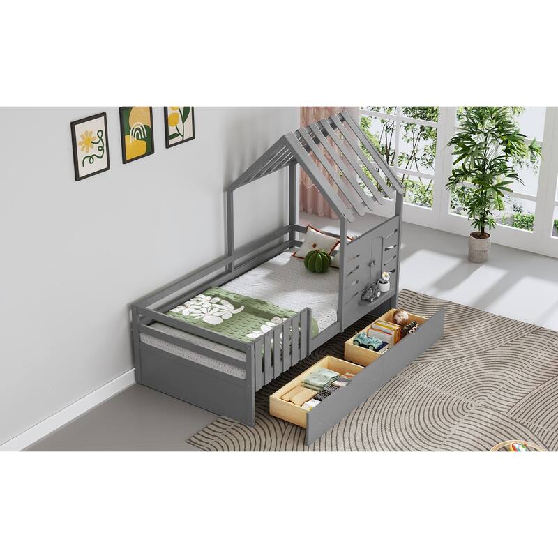 Twin Size House Bed With 2 Drawers and Guardrails - Grey