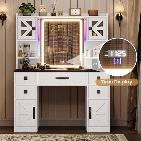 Vanity with Touch Screen Mirror & Time Display Makeup Vanity 5 Drawers