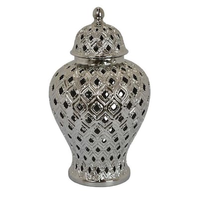 Deni 18 Inch Temple Jar Pierced Carved Lattice Design Lid Silver
