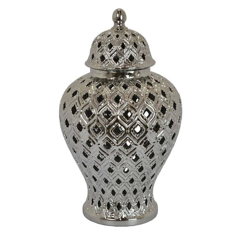 Deni 18 Inch Temple Jar Pierced Carved Lattice Design Lid Silver