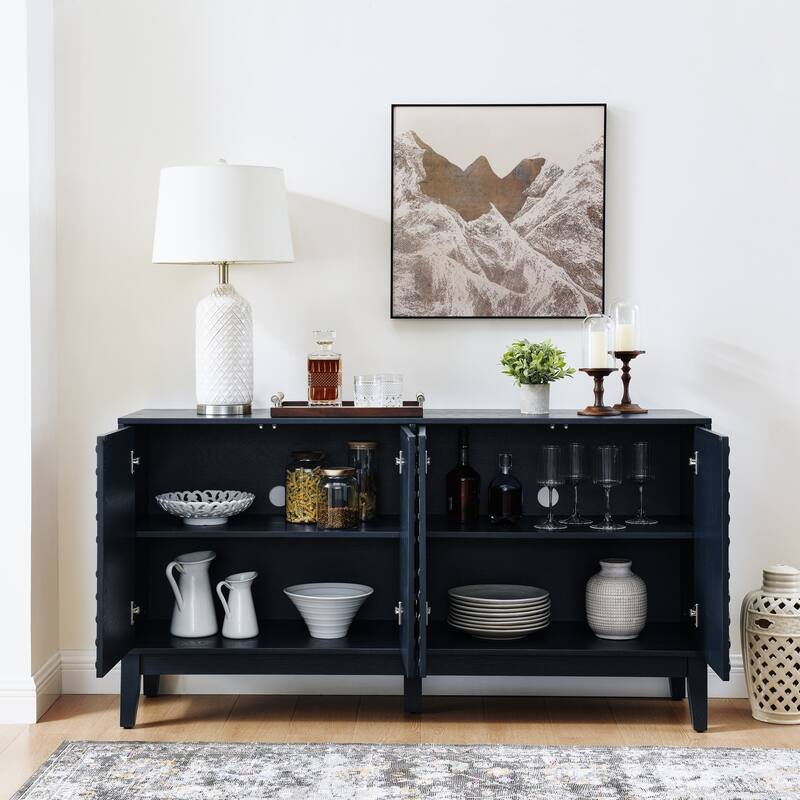 60" Vintage Fluted TV Console with Adjustable Shelving & 2 Socket Hole, Farmhouse Wood Fluted Sideboard with Invisible Handle