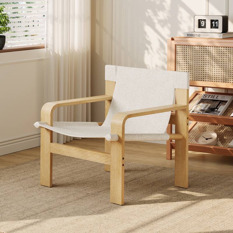 Detachable and washable Oak Accent Chair Wide Armrest Mid-Century Lounge Chair Linen Fabric Armchair & Solid Wood Frame