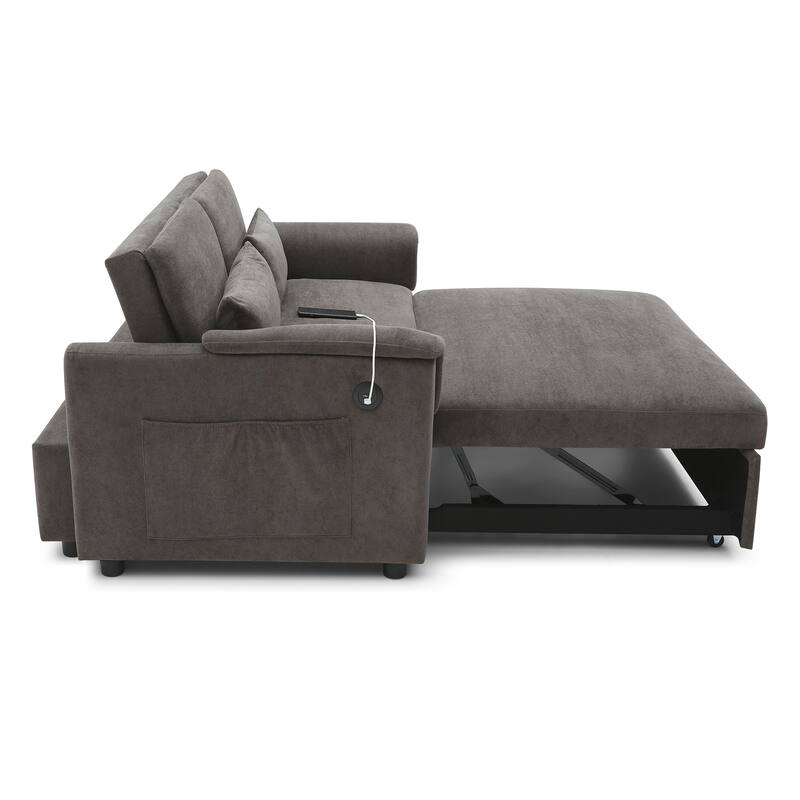 3 in 1 Convertible Sofa Bed with USB Port, Velvet 2 Seater Pull Out Sofa Bed, Loveseat Sofa with Adjustable Back & Side Pockets