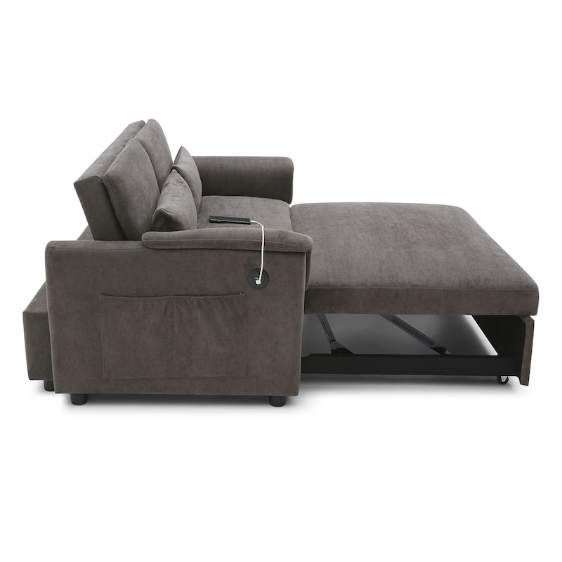 55" Velvet 2-Seater Convertible Sofa Bed, 3-in-1 Pull-Out Loveseat with Adjustable Backrest, USB Ports, Side Pockets