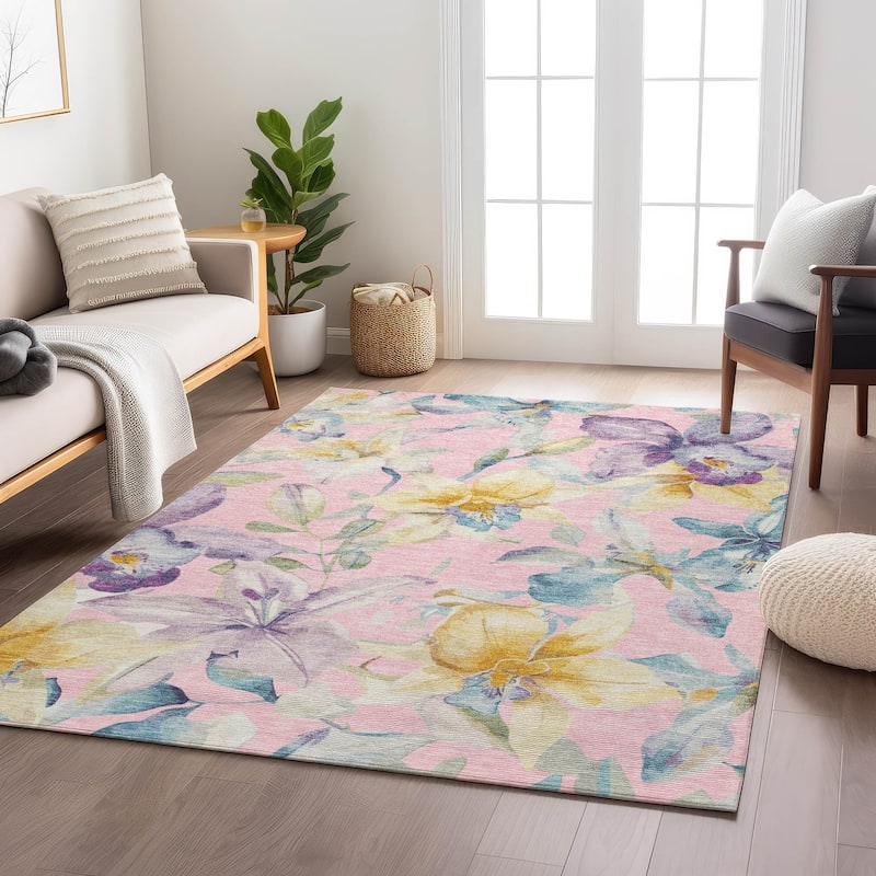 Machine Washable Indoor/ Outdoor Modern Floral Chantille Rug