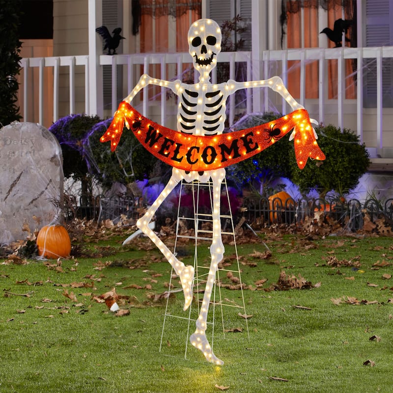 Glitzhome 7ft Pre-lit Halloween 2D Skeleton Outdoor Decor with 220 warm White LED Lights