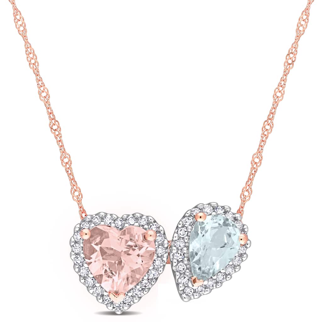 Miadora 1/5 CT Diamond TW And Morganite Aquamarine Fashion Pendant With Chain 14k Pink Gold