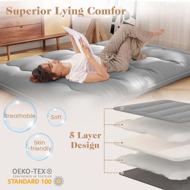 Futon Mattress Japanese Floor Pad w/ Washable Cover & Carry Bag