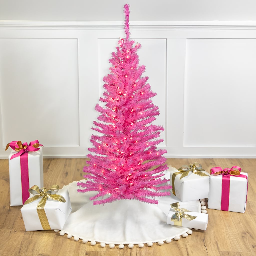 Pre-Lit Medium Artificial Pine Christmas Tree - 4' - Pink - Clear Lights - 4 Foot