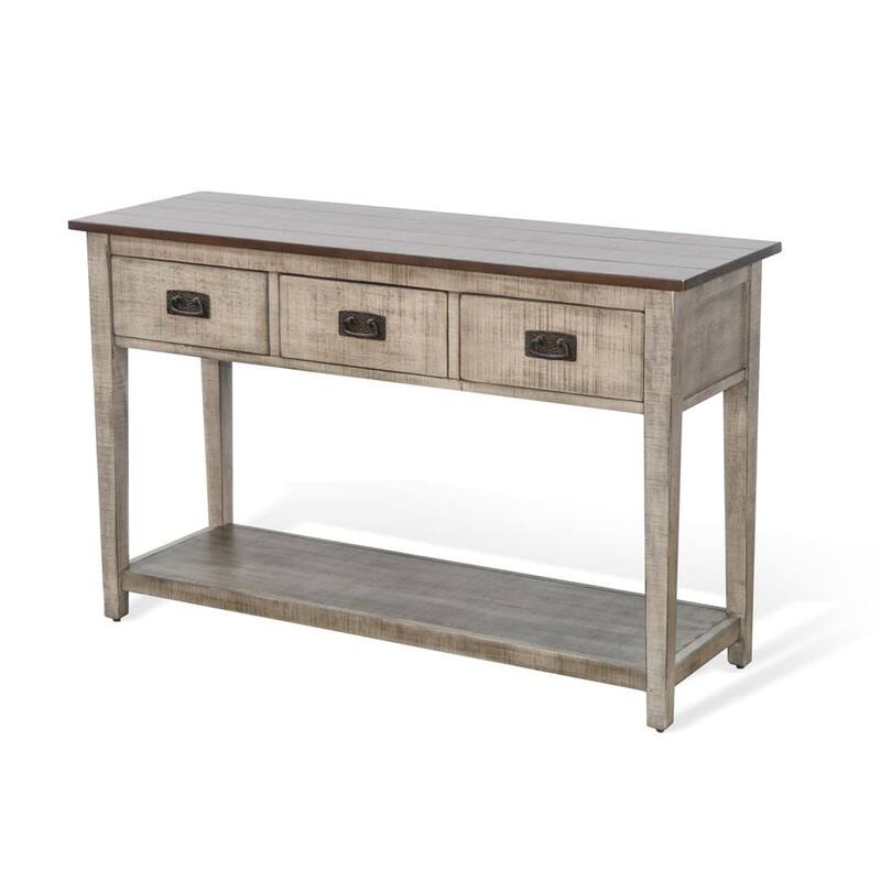 Camie Sofa Console Table, 48 Inch, 3 Drawers, Gray Solid Mahogany