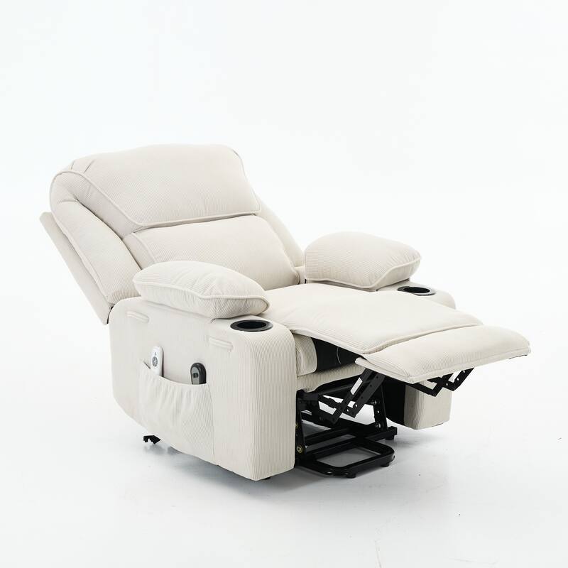 Corduroy Power Lift Recliner Chair with Heating & Massage, Heavy Duty Reclining Sofa with 2 Cup Holders & Side Pockets