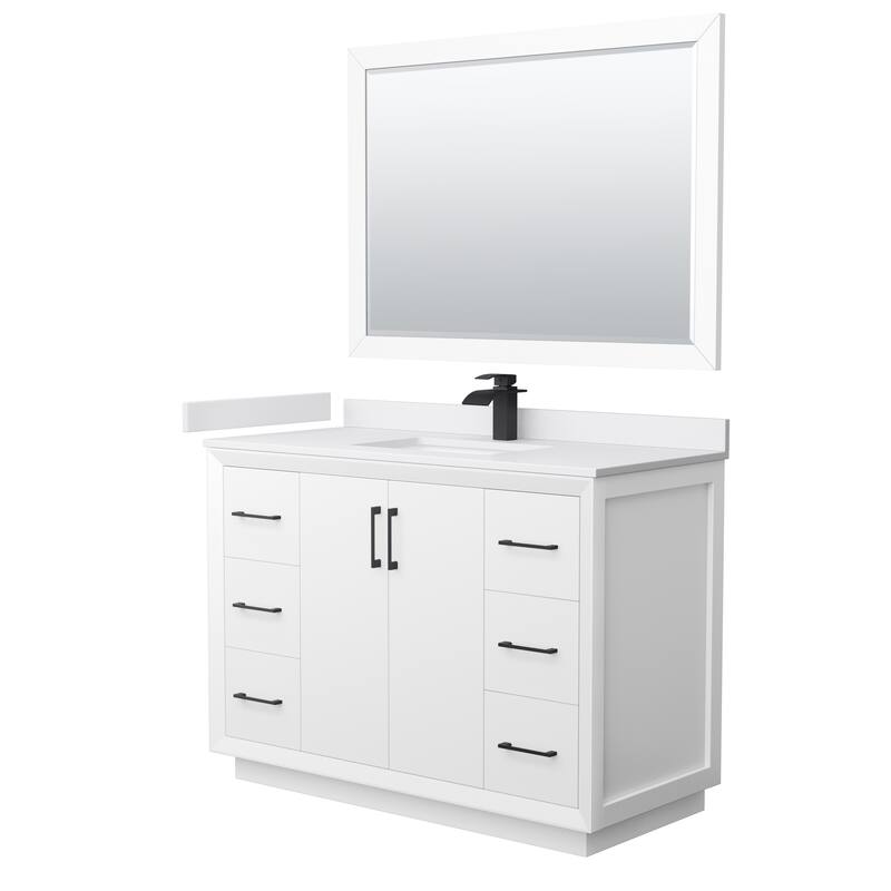 Strada 48-Inch Single Vanity Set, Cultured Marble Top, 46-Inch Mirror - White, Black Trim, White Cultured Marble Top
