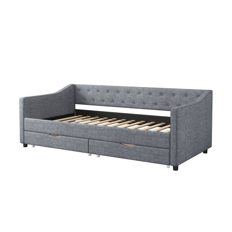 Linen Upholstered Daybed with 2 Drawers, Wooden Platform Sofa Bed Frame with Button Tufted Backrest, No Box Spring Needed