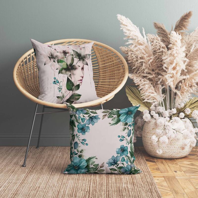Flora Face Indoor/Outdoor Reversible Throw Pillow Green and Cyan