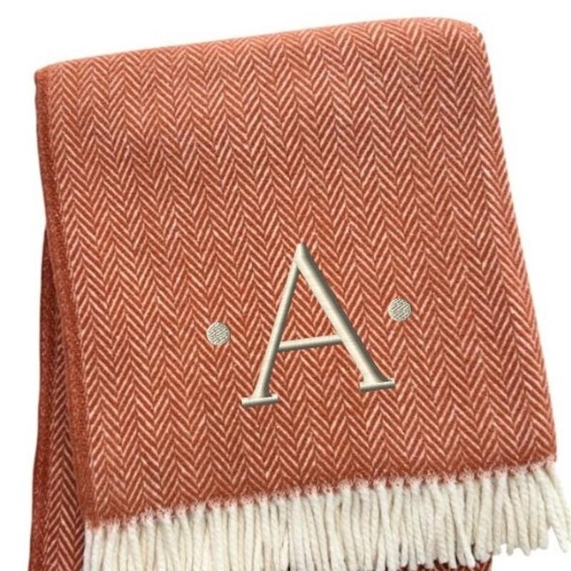 55" X 70" Terra Cotta And White Herringbone Cotton Blend S Initial Throw Blanket with Tassels And Embroidery