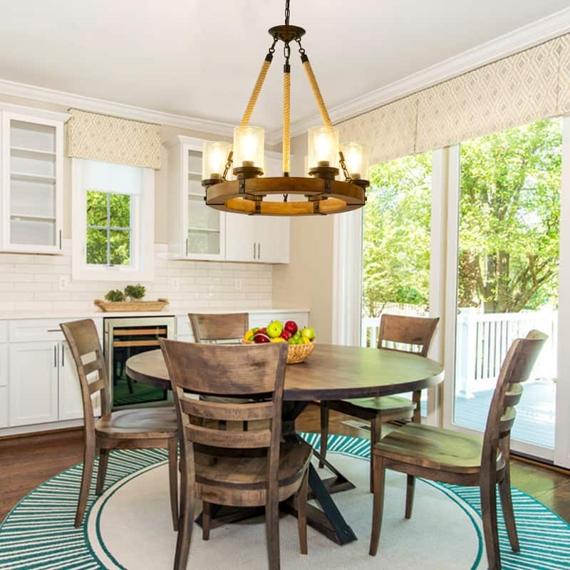 Farmhouse Wagon Wheel Chandelier Round Wood Pendant Lighting Fixture for Dining Room