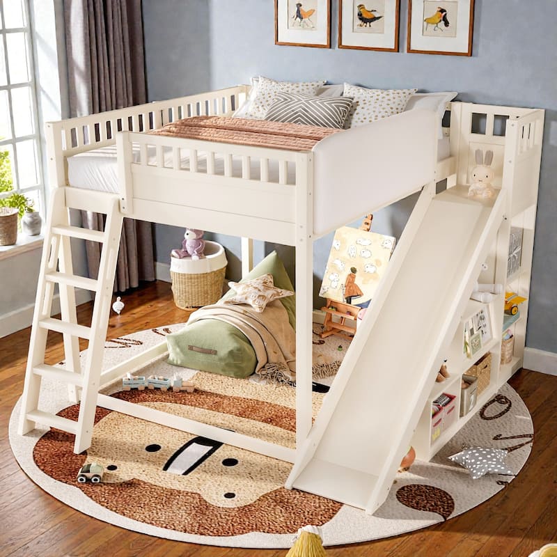 Loft Bed with Upholstered Headboard, Storage Shelves, Ladder and Slide, Solid Wood Frame - Beige - Full