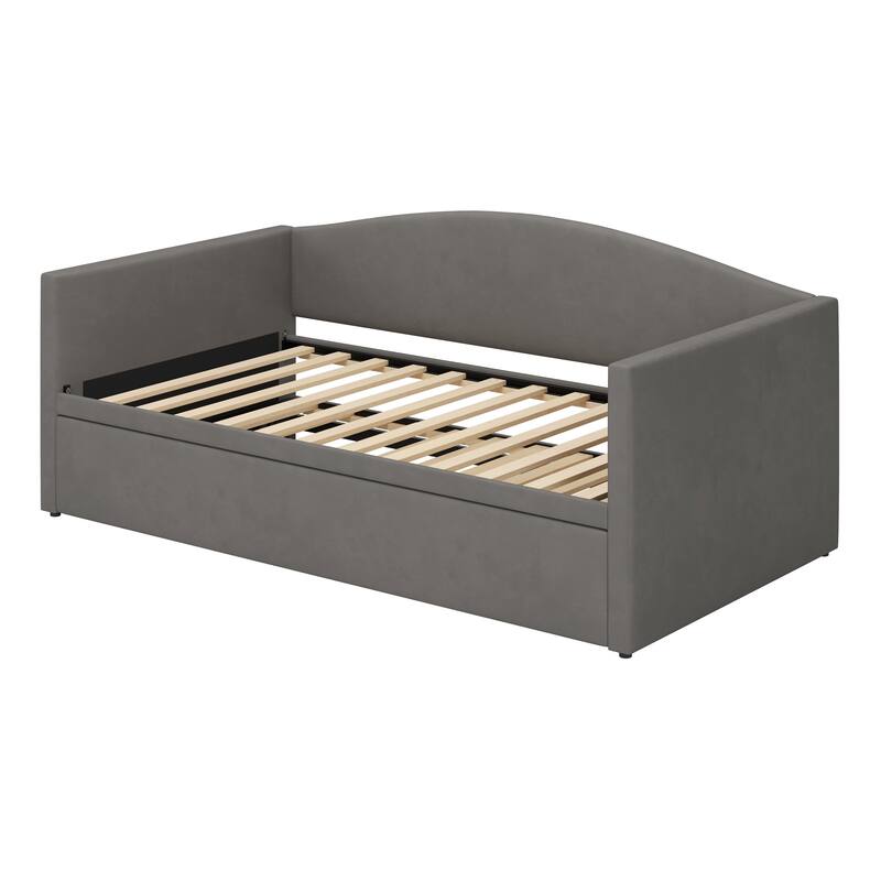 Velvet Upholstered Daybed Twin Size Sofa Bed with Extended Pop Up Trundle and Curved Backrest, Space-Saving Twin to King Design