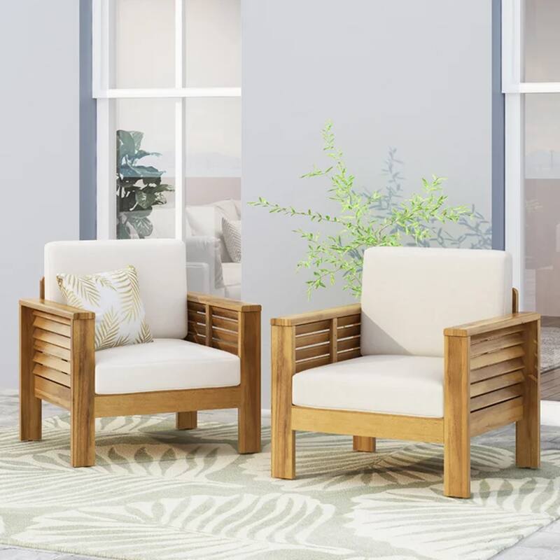 Roomfitters Outdoor Acacia Wood Club Chair with Cushions, Teak Frame and Weather-Resistant Beige Cushions, Ideal for Patio