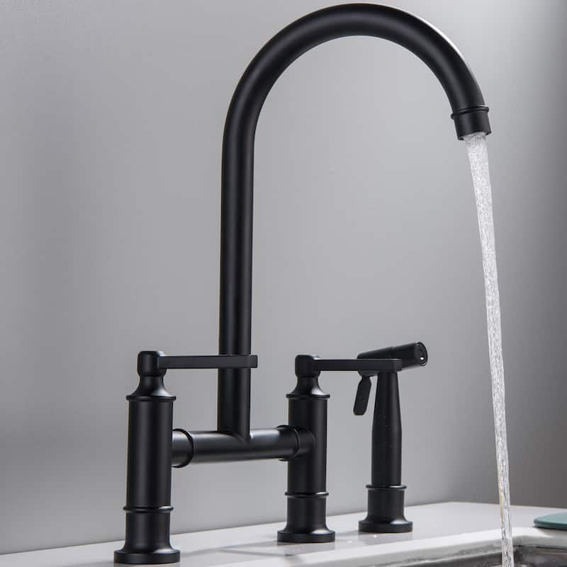 Farmhouse 2-Handle Bridge Gold/Black Kitchen Faucet with 28'' Side Sprayer in Stainless Steel & Brass