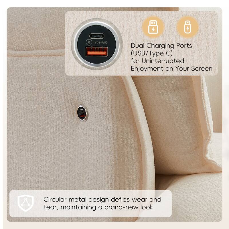 Chenille Armchair, Accent Chair with Dual-Port Charging and Throw Pillows, Modern Deep Wide Seat Design Cloud-Like Single Sofa