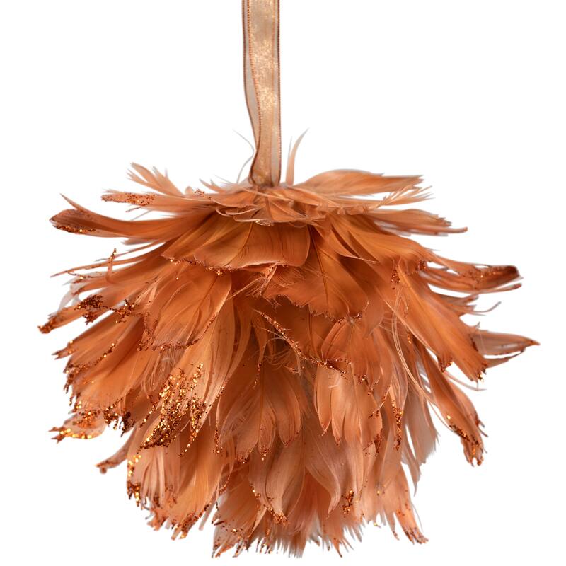 Glitter Edged Feathers Christmas Ball Ornament - 6" - Rust Orange