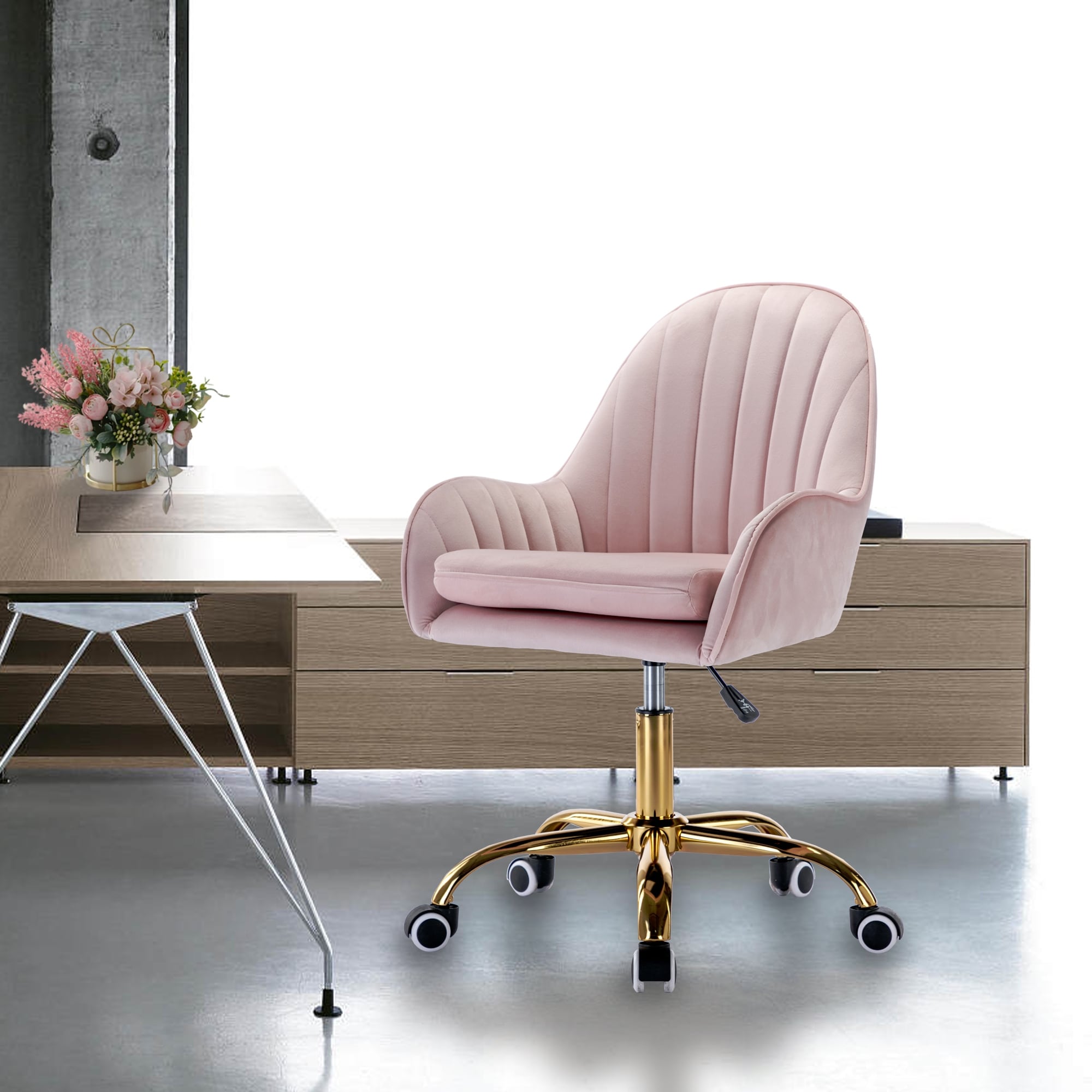 Velvet Home Office Chair with Wheels, Cute Chair with Side Arms and Gold Metal Base