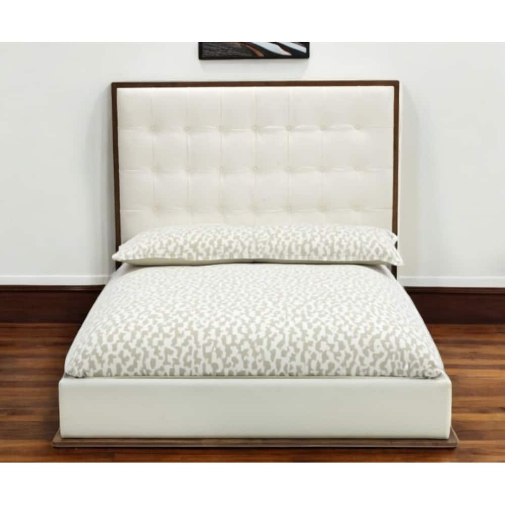 HomeRoots Brown and White Wood And Tufted Faux Leather Queen Bed Frame