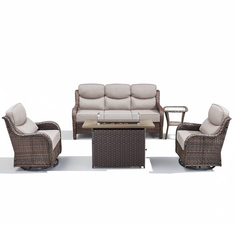 Meyreso 7-Piece Wicker Outdoor Patio Fire Pit Conversation Set with 6-Inch Thick Cushions