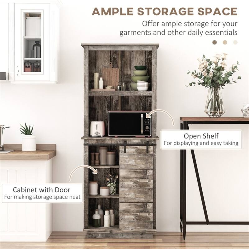 Vintage Wood Grain Tall Kitchen Storage Cabinet with Sliding Barn Door Adjustable Shelves and Five Tier