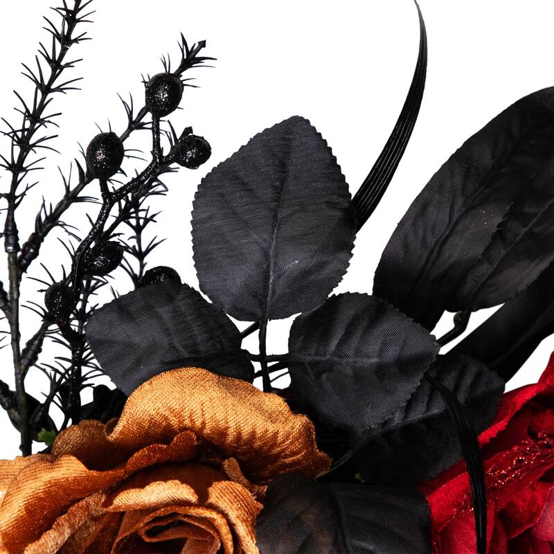 Roses with Mixed Foliage Halloween Wreath - 22" - Red and Gold - Unlit