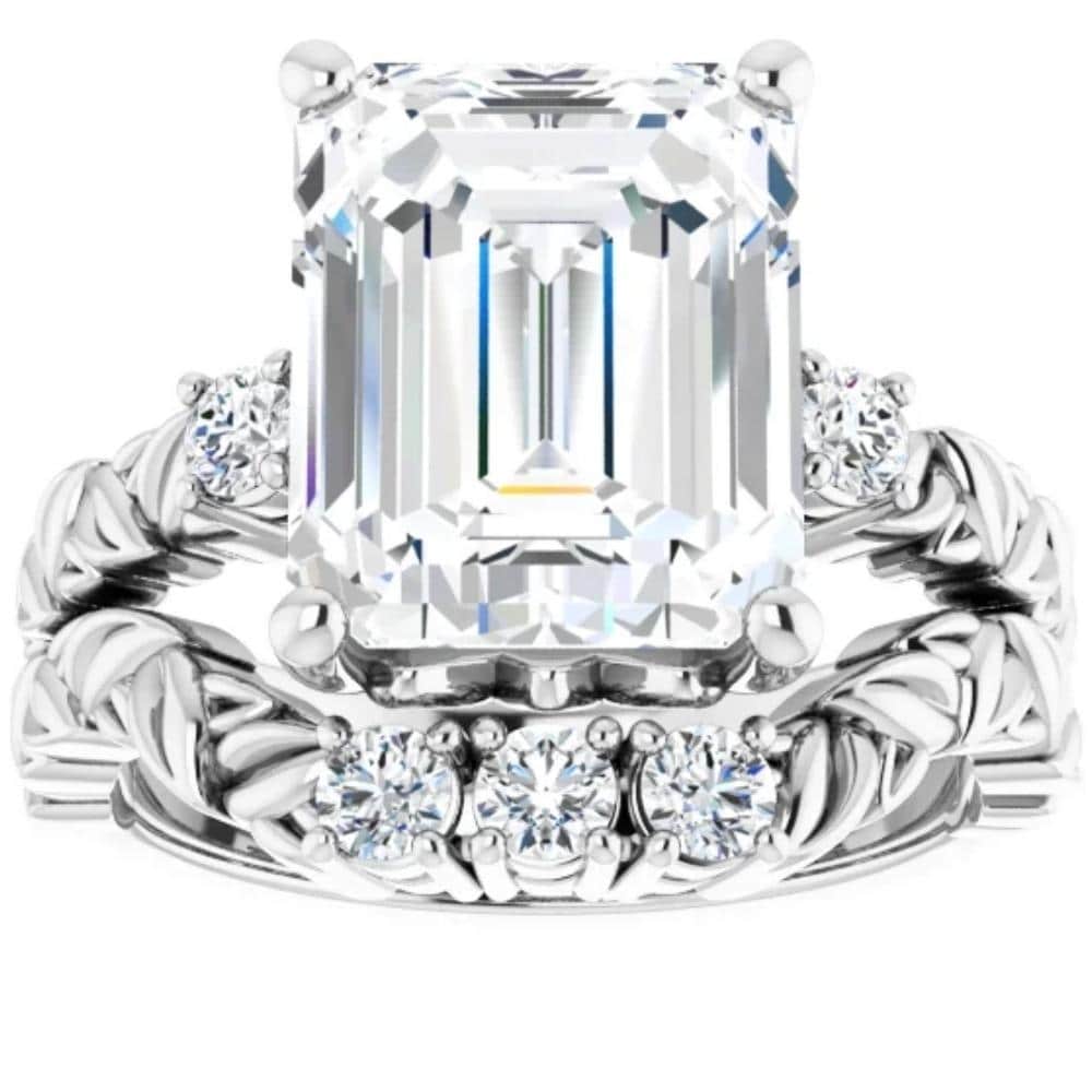 Bliss Diamond VS 5 1/2Ct Diamond & Emerald Cut Moissanite Petite Leaf Engagement Set in Gold