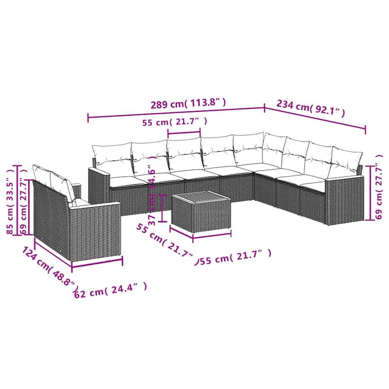 vidaXL Patio Sofa Set with Cushions Outdoor Conversation Furniture Poly Rattan - 24.4x 24.4x 27.2