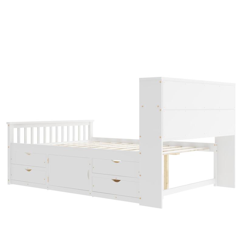Full Size Captain Platform Bed Frame with Storage Bookcases and Shelves, Four Drawers,White