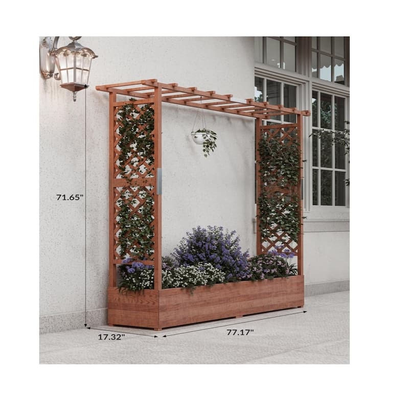 43x17x72Inch Elevated Wooden Garden Bed with Trellis and Hanging Roof Wood Planter Box 4 Drainage Holes