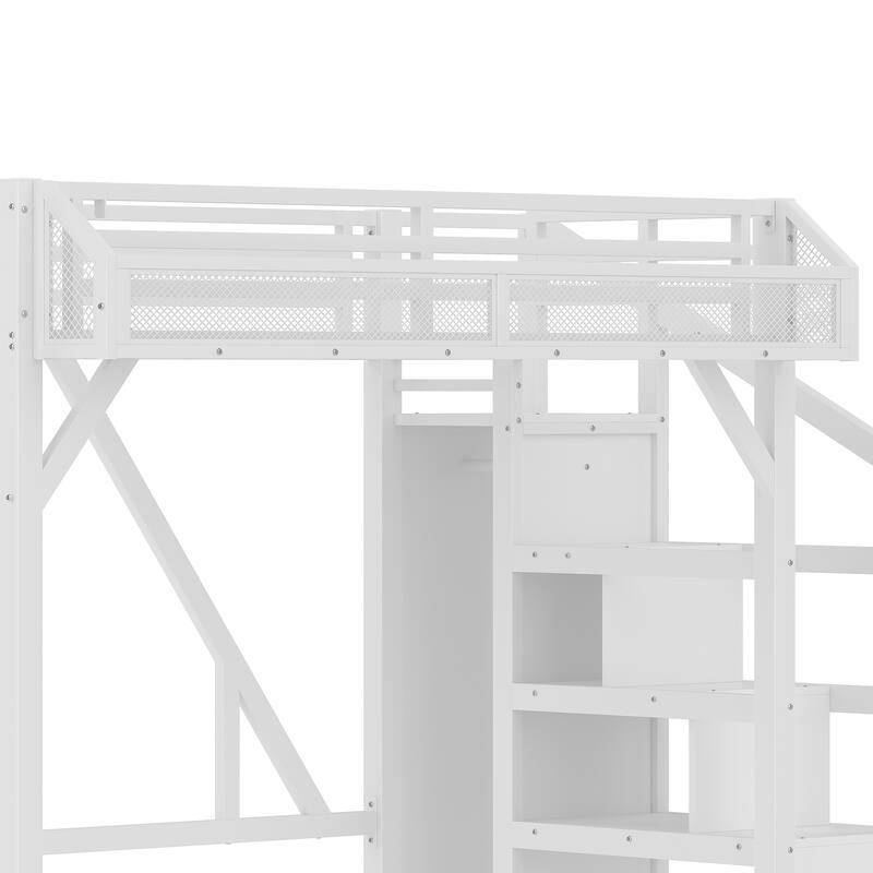 Twin XL Loft Bed with Storage Stairs, Shelves and Built-in Wardrobe, Metal Loft Bed Frame with USB Ports and LED Lights